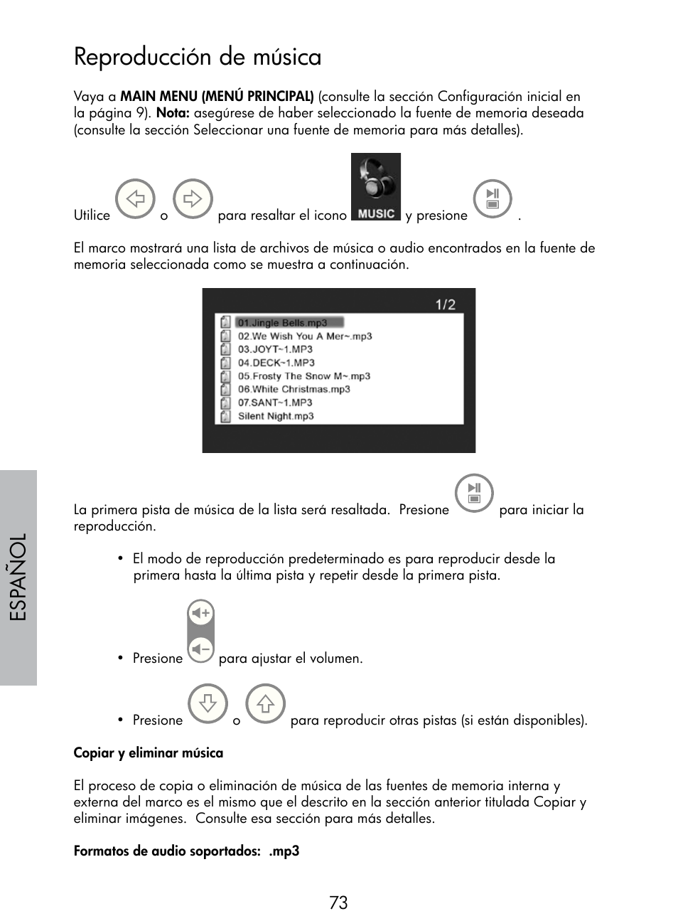 Reproducción de música, Esp añol | HP DF770 User Manual | Page 74 / 356