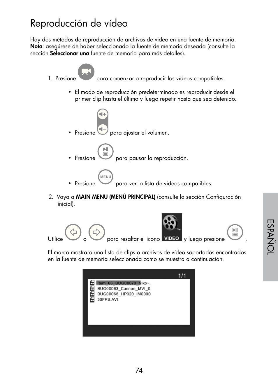 Reproducción de vídeo, Esp añol | HP DF770 User Manual | Page 75 / 356