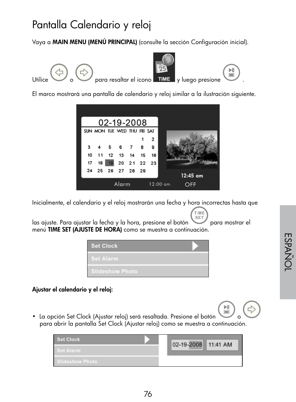 Pantalla calendario y reloj, Esp añol | HP DF770 User Manual | Page 77 / 356