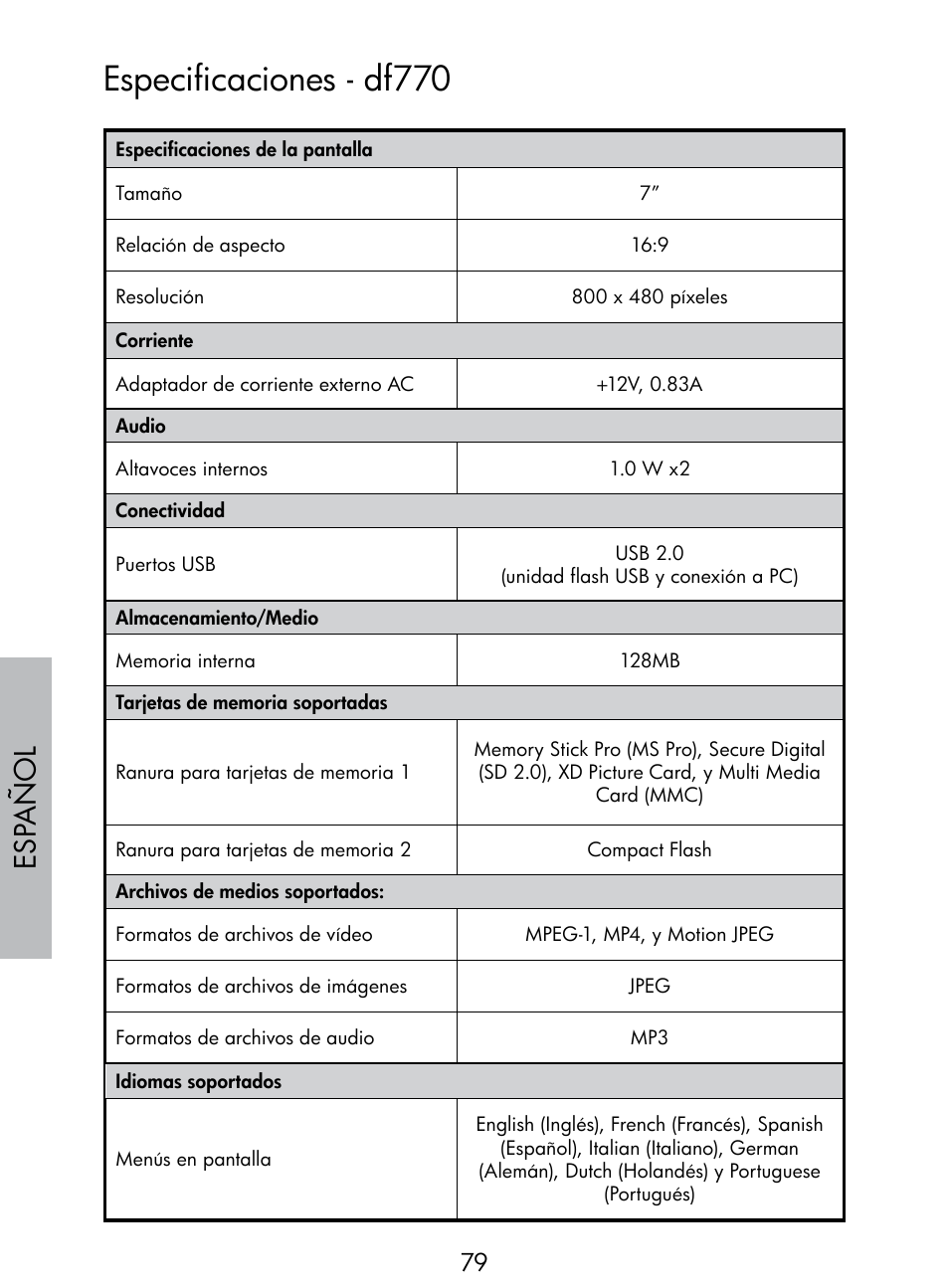 Especificaciones - df770, Esp añol | HP DF770 User Manual | Page 80 / 356