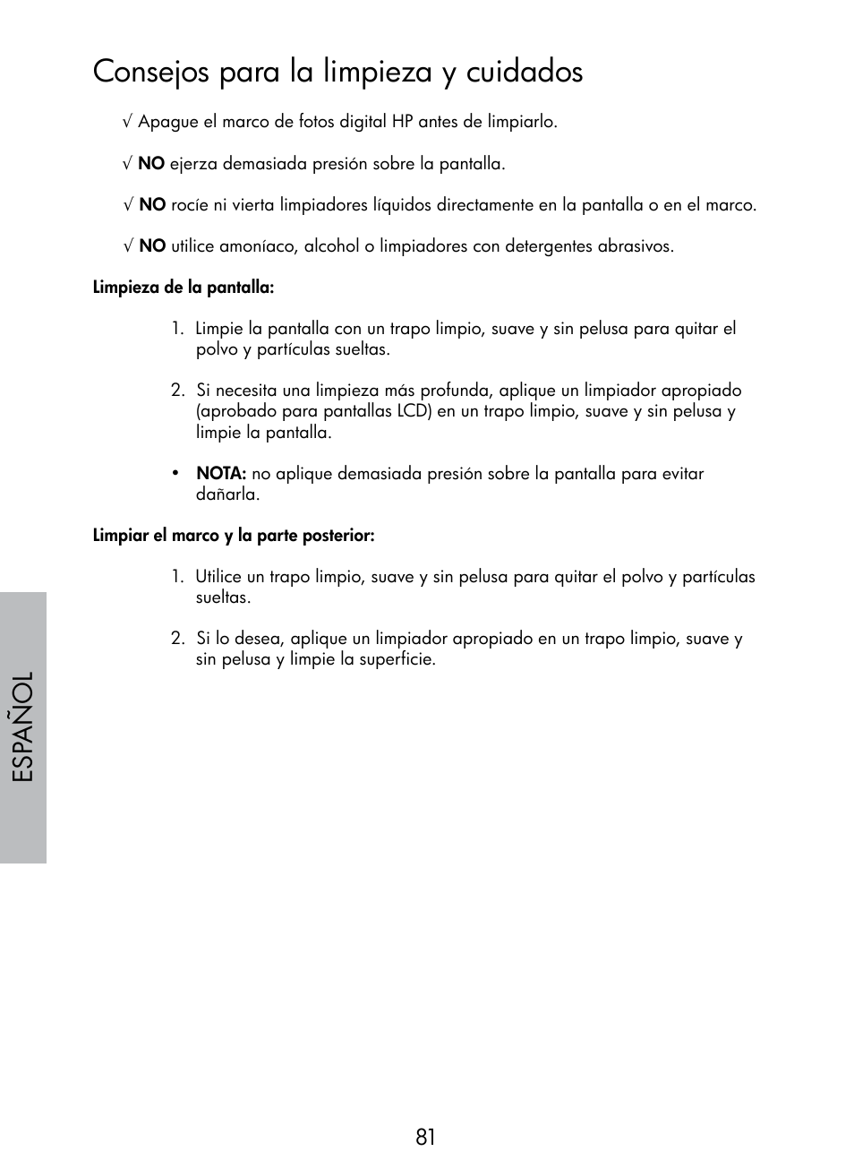 Consejos para la limpieza y cuidados, Esp añol | HP DF770 User Manual | Page 82 / 356