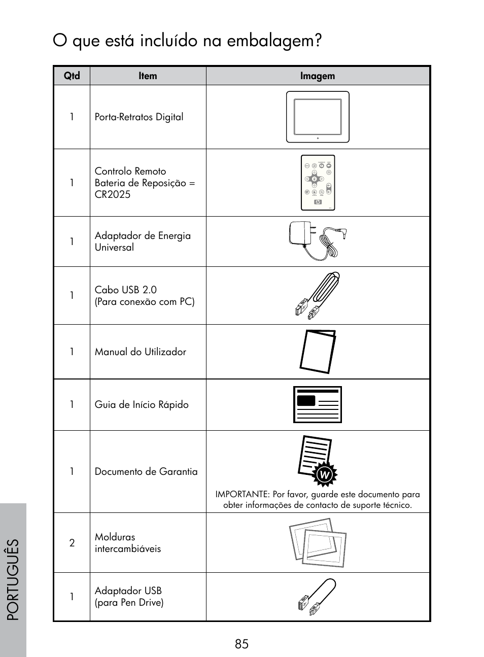 O que está incluído na embalagem, Por tuguês | HP DF770 User Manual | Page 86 / 356