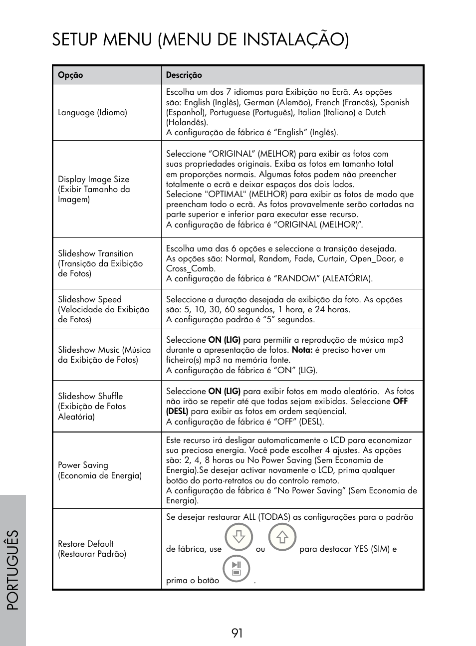 Setup menu (menu de instalação), Por tuguês | HP DF770 User Manual | Page 92 / 356