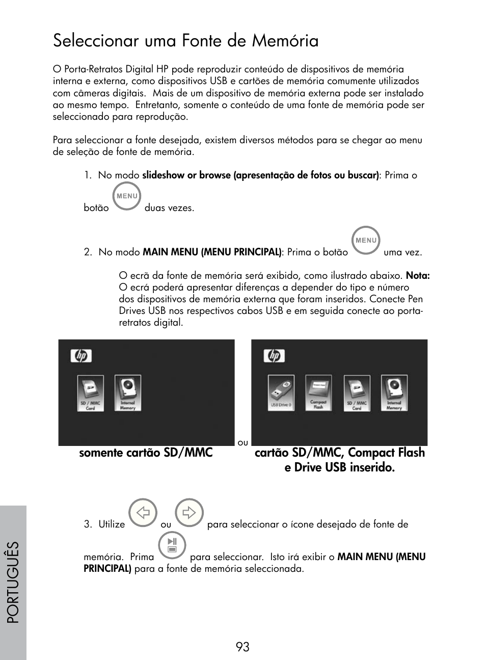 Seleccionar uma fonte de memória, Por tuguês | HP DF770 User Manual | Page 94 / 356