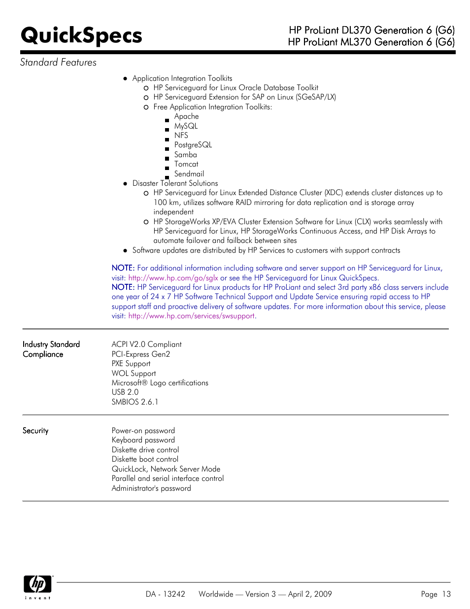 Quickspecs | HP ProLiant DL370 User Manual | Page 13 / 56