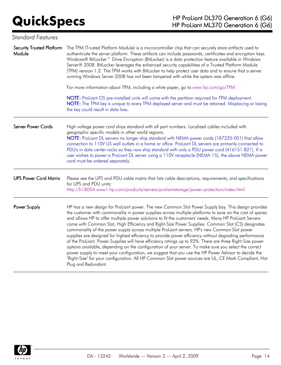 Quickspecs | HP ProLiant DL370 User Manual | Page 14 / 56