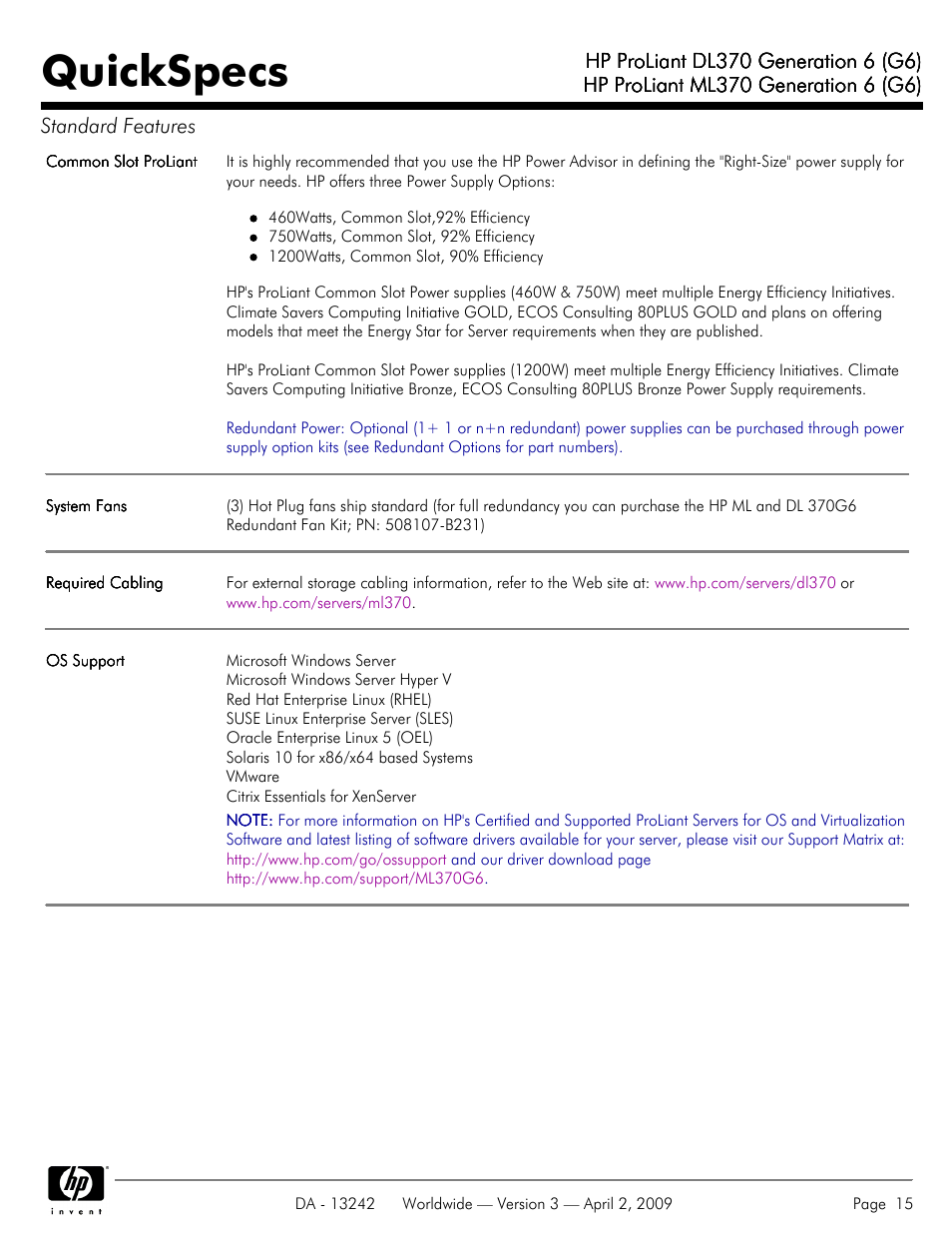 Quickspecs | HP ProLiant DL370 User Manual | Page 15 / 56