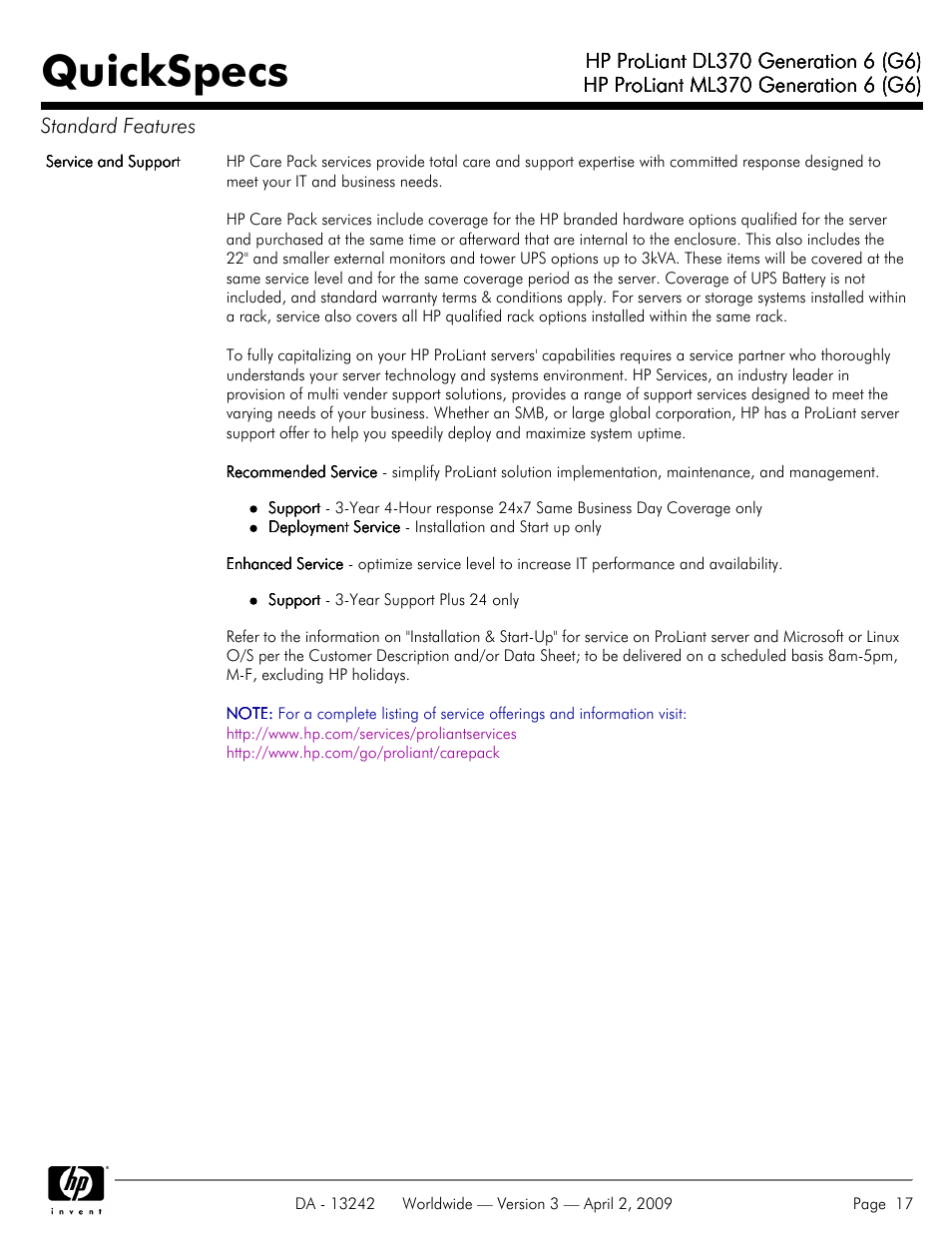 Quickspecs | HP ProLiant DL370 User Manual | Page 17 / 56