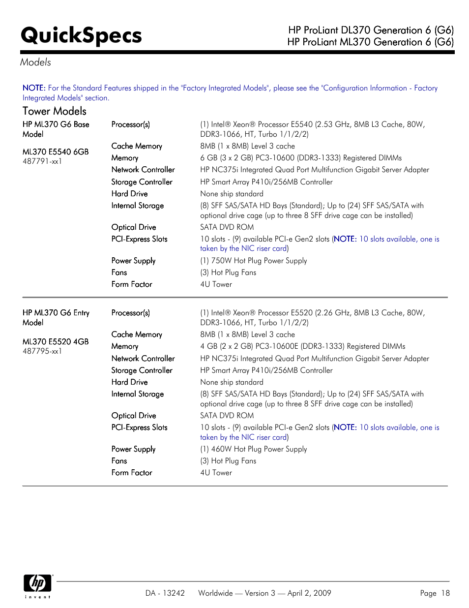 Models, Quickspecs, Tower models | HP ProLiant DL370 User Manual | Page 18 / 56