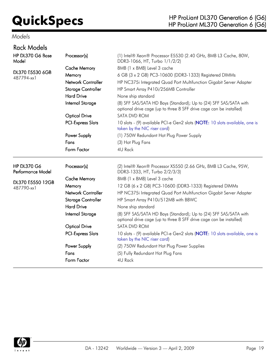 Quickspecs, Rack models | HP ProLiant DL370 User Manual | Page 19 / 56