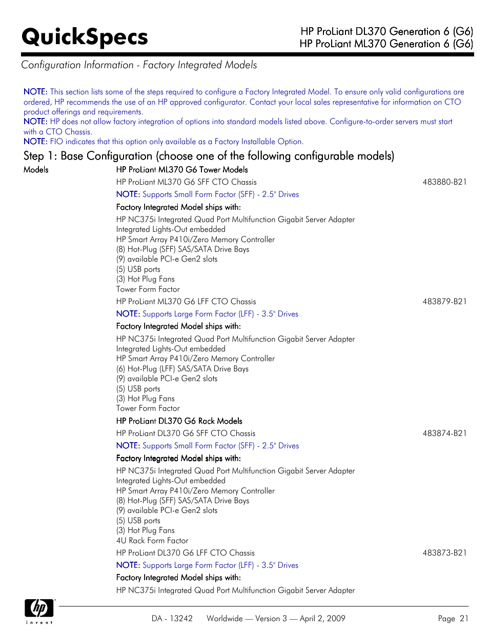 Quickspecs | HP ProLiant DL370 User Manual | Page 21 / 56