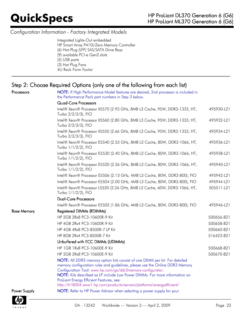 Quickspecs | HP ProLiant DL370 User Manual | Page 22 / 56