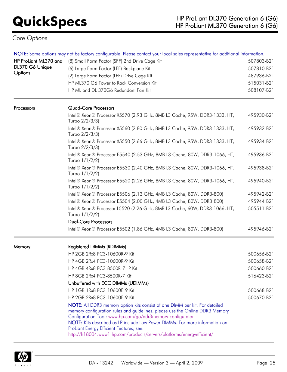 Core options, Quickspecs | HP ProLiant DL370 User Manual | Page 25 / 56