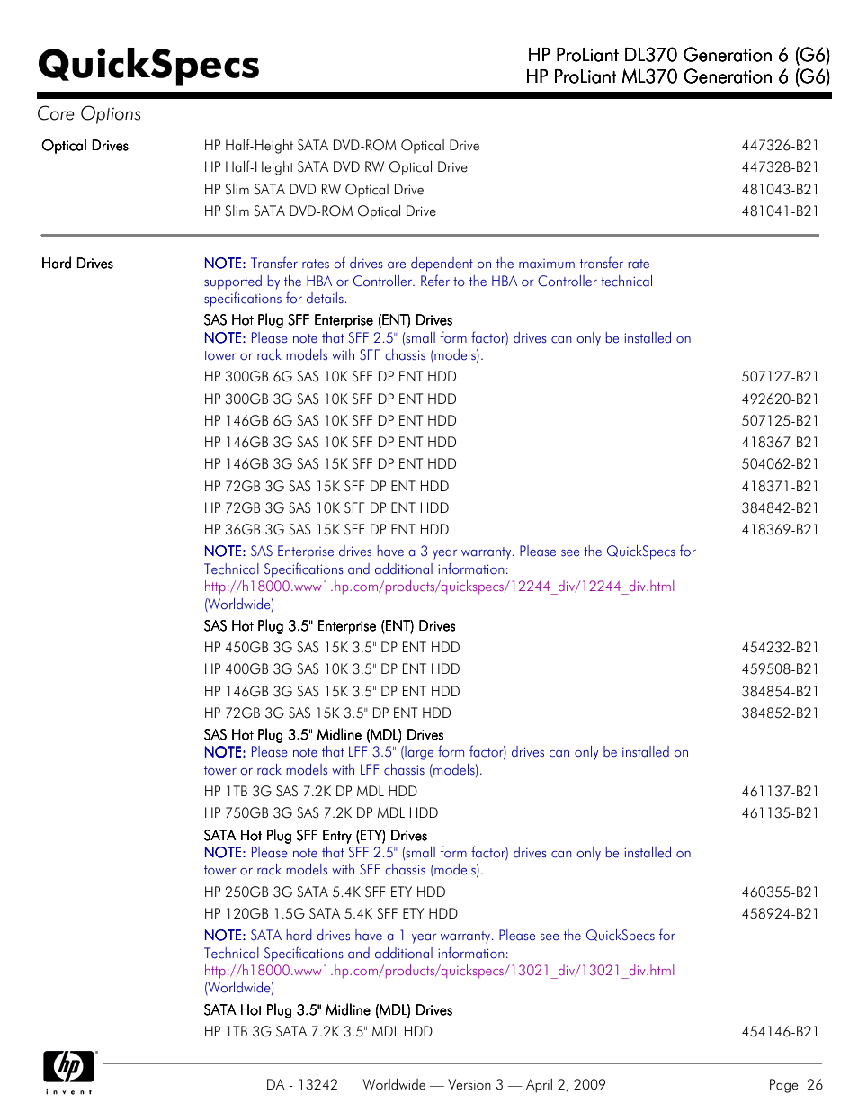 Quickspecs | HP ProLiant DL370 User Manual | Page 26 / 56