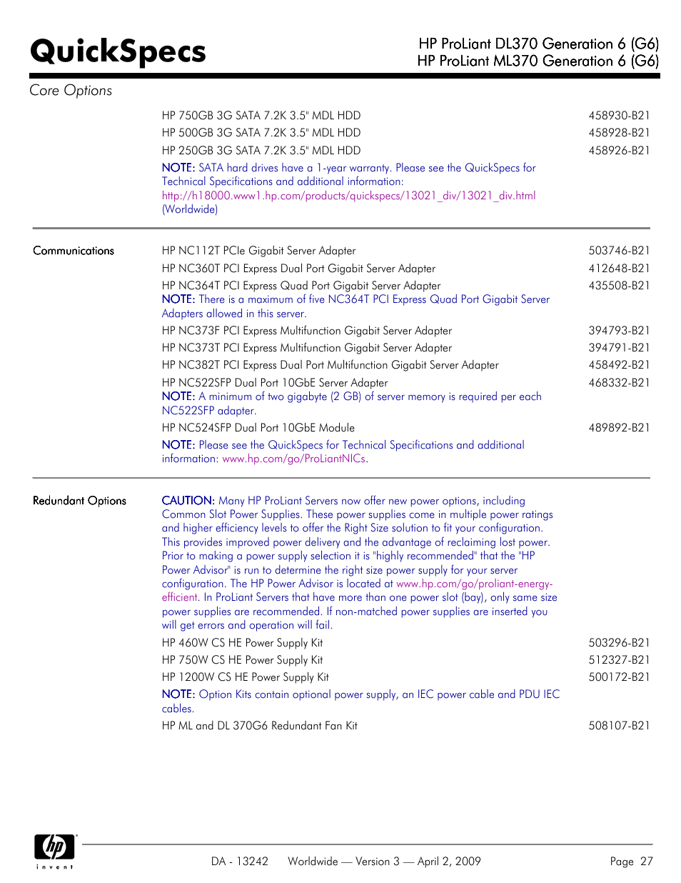 Quickspecs | HP ProLiant DL370 User Manual | Page 27 / 56