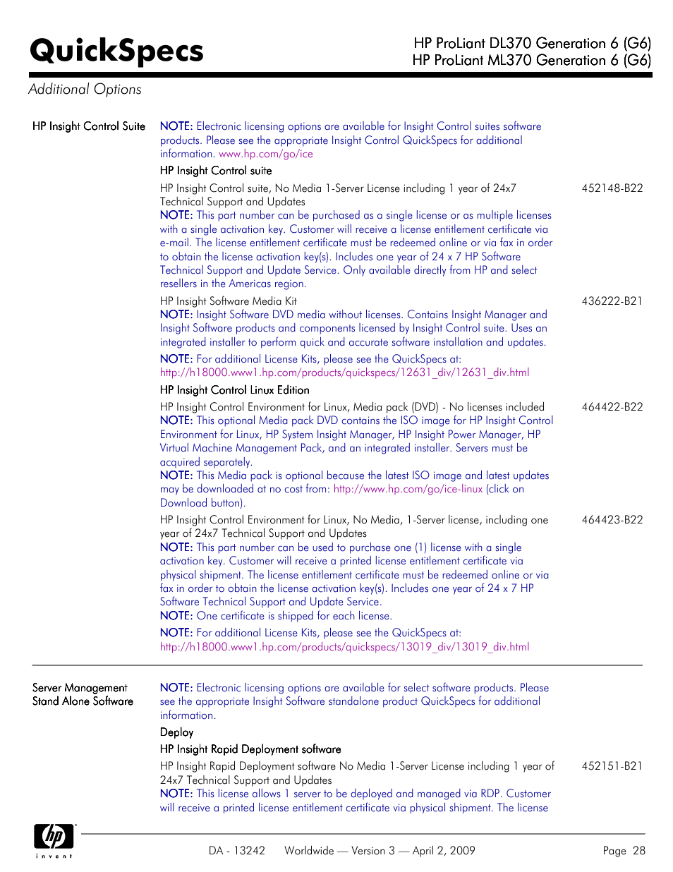 Additional options, Quickspecs | HP ProLiant DL370 User Manual | Page 28 / 56