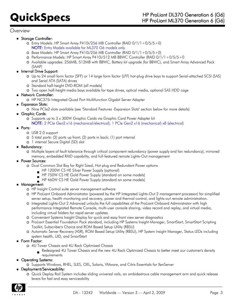 Quickspecs | HP ProLiant DL370 User Manual | Page 3 / 56