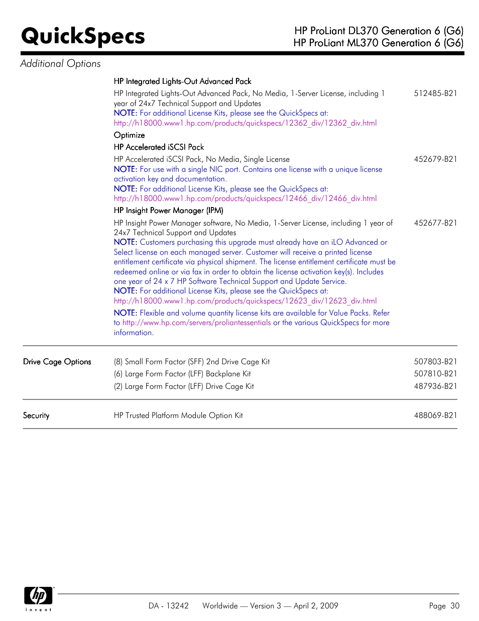 Quickspecs | HP ProLiant DL370 User Manual | Page 30 / 56