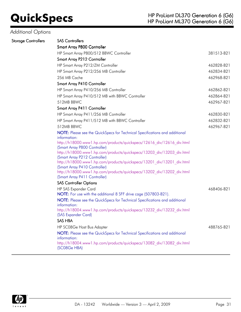 Quickspecs | HP ProLiant DL370 User Manual | Page 31 / 56