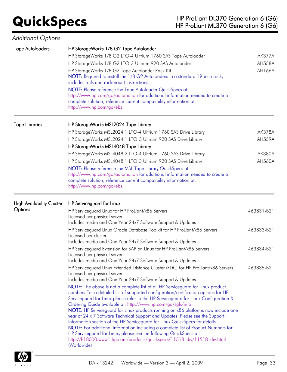 Quickspecs | HP ProLiant DL370 User Manual | Page 33 / 56