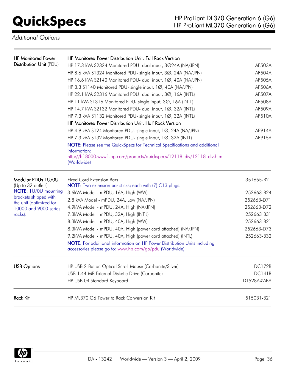 Quickspecs | HP ProLiant DL370 User Manual | Page 36 / 56