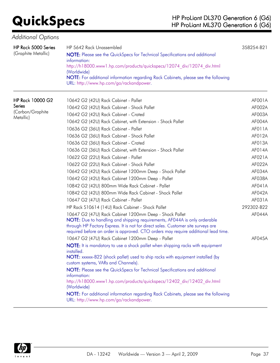 Quickspecs | HP ProLiant DL370 User Manual | Page 37 / 56