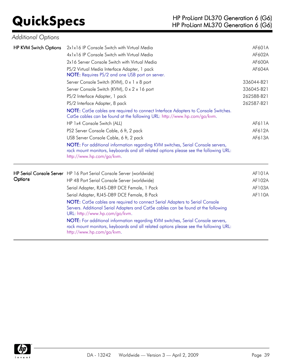 Quickspecs | HP ProLiant DL370 User Manual | Page 39 / 56