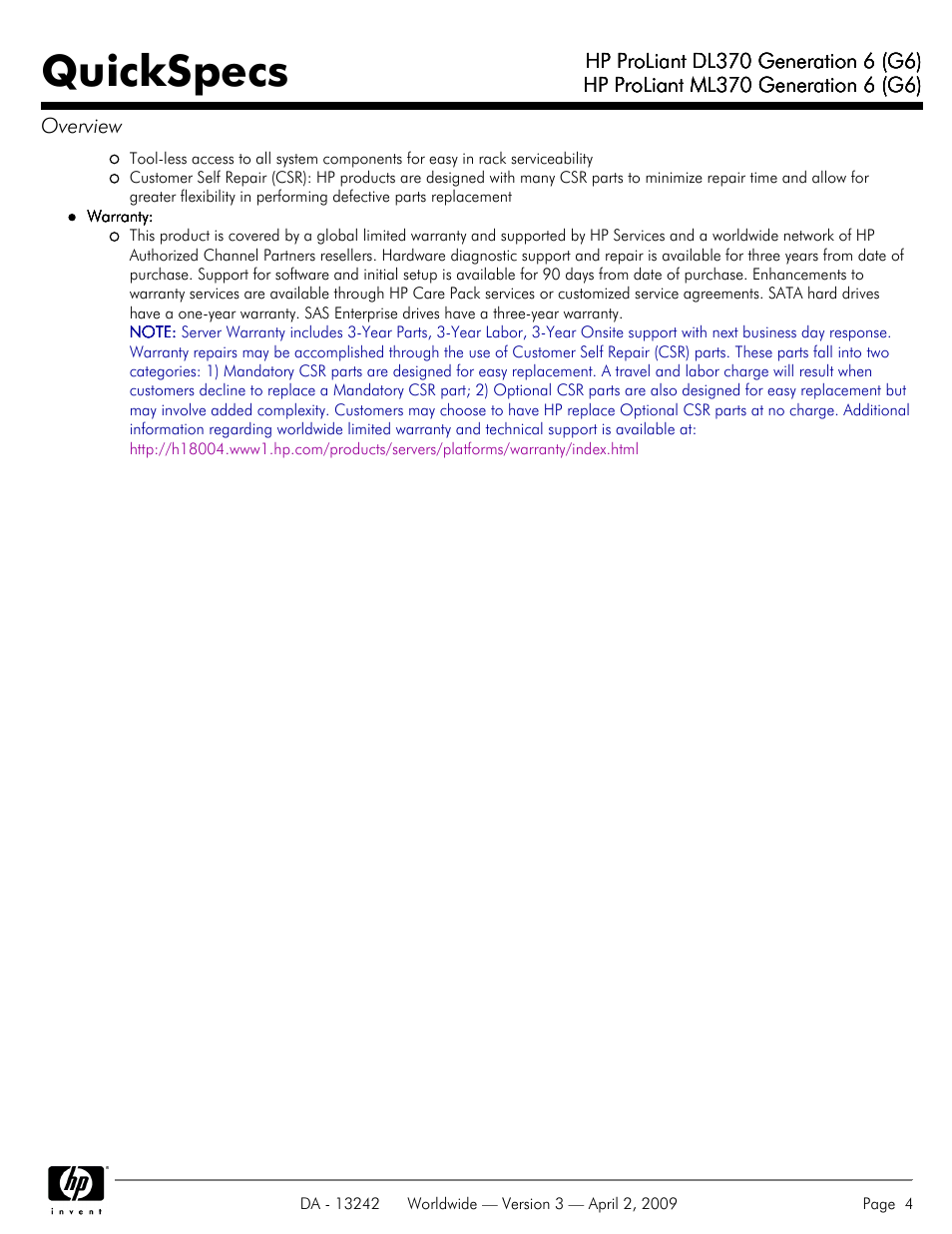 Quickspecs | HP ProLiant DL370 User Manual | Page 4 / 56