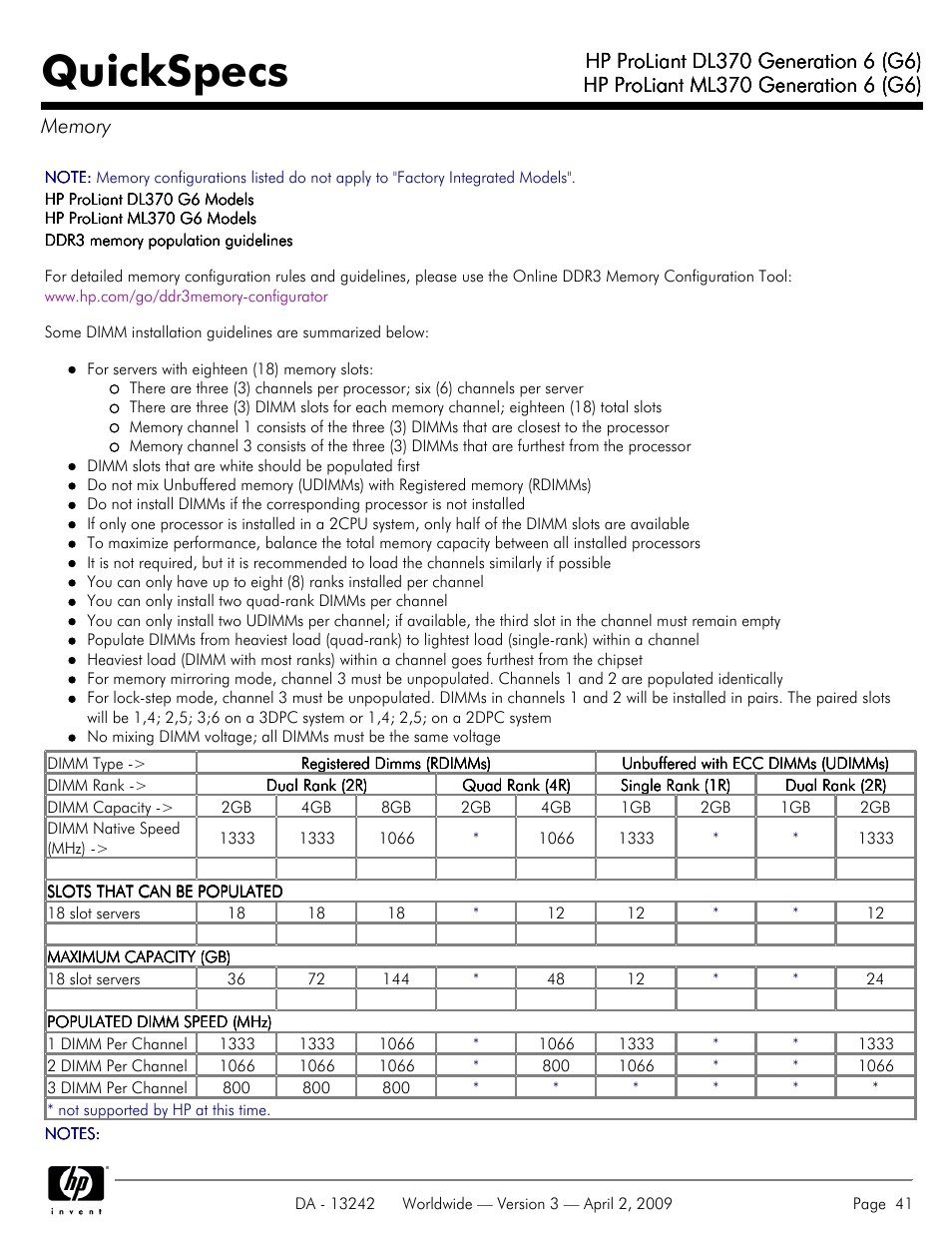 Memory, Quickspecs | HP ProLiant DL370 User Manual | Page 41 / 56