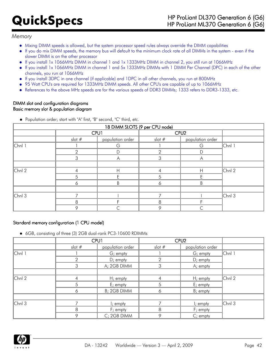 Quickspecs | HP ProLiant DL370 User Manual | Page 42 / 56