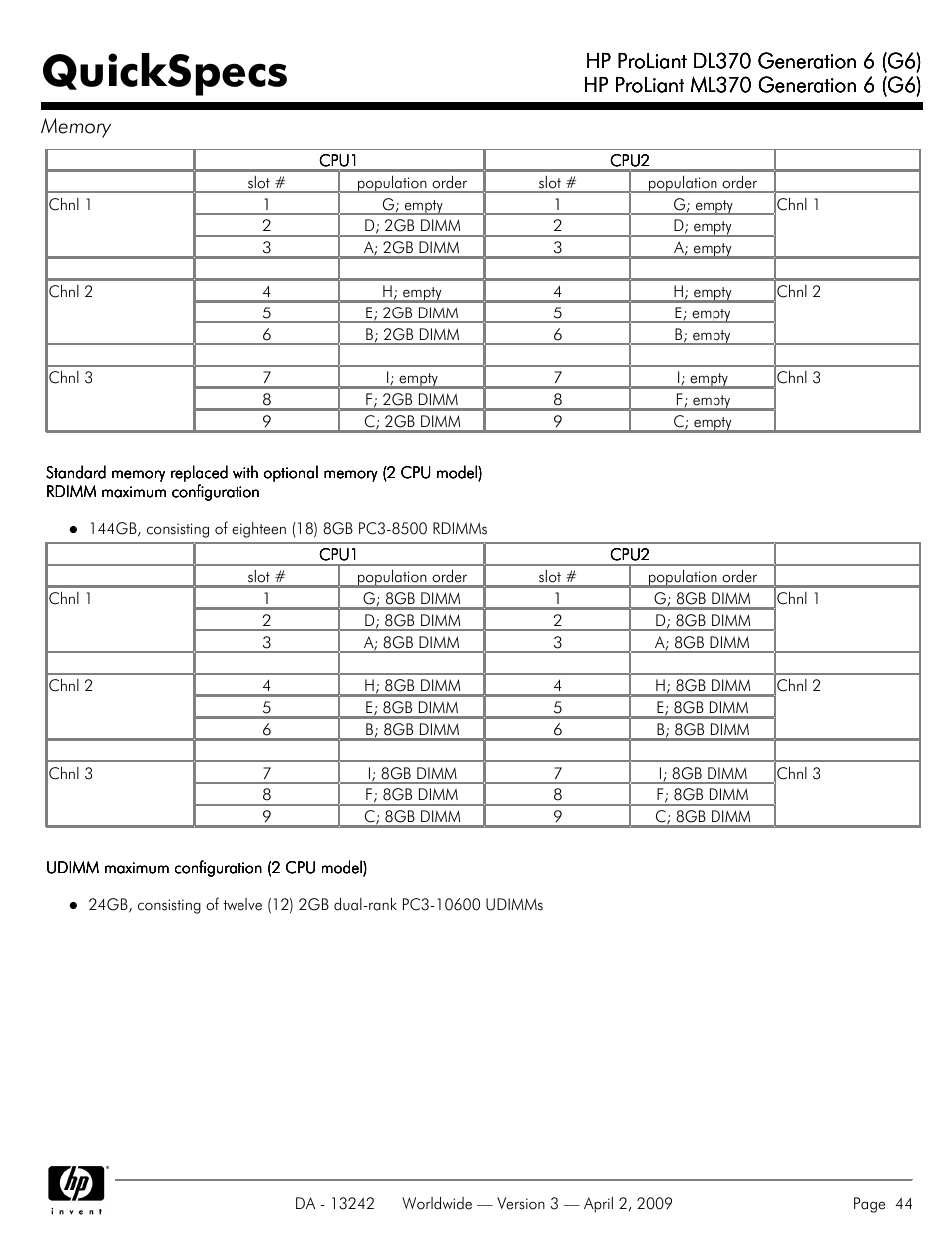 Quickspecs | HP ProLiant DL370 User Manual | Page 44 / 56