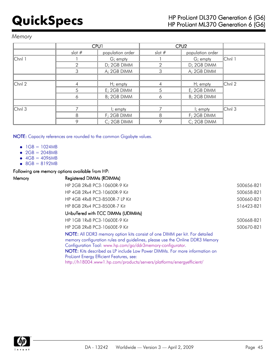 Quickspecs | HP ProLiant DL370 User Manual | Page 45 / 56