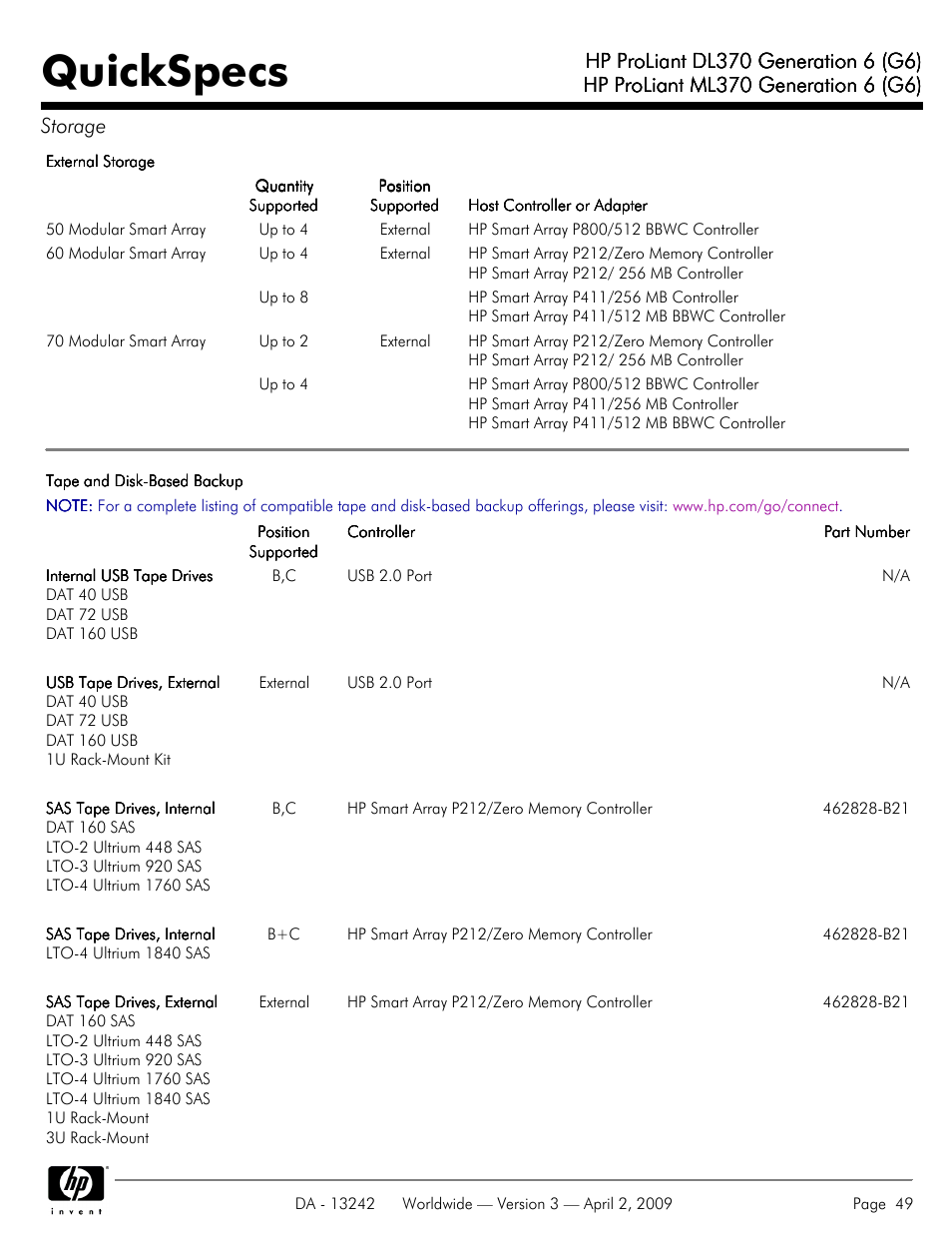 Quickspecs | HP ProLiant DL370 User Manual | Page 49 / 56