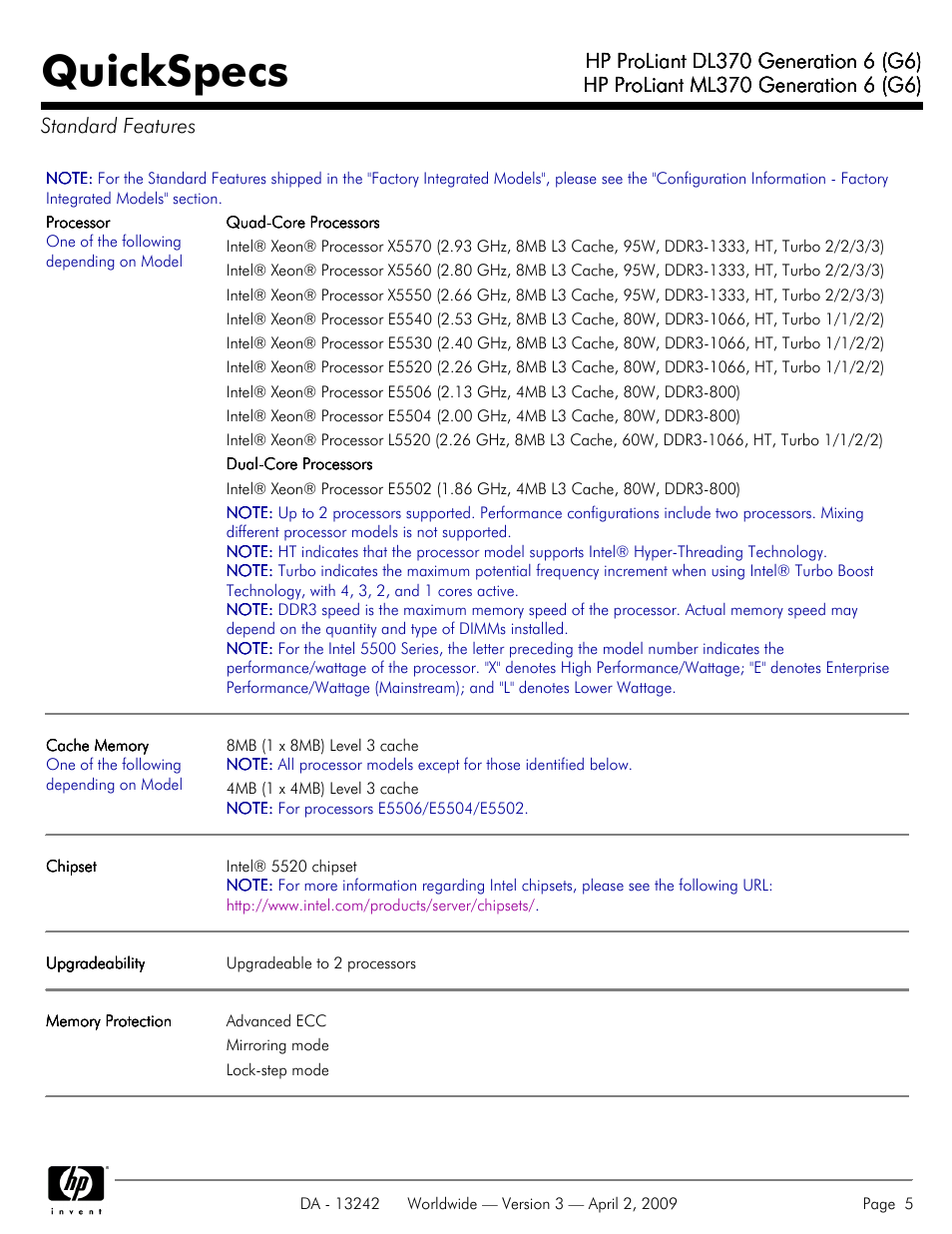 Standard features, Quickspecs | HP ProLiant DL370 User Manual | Page 5 / 56