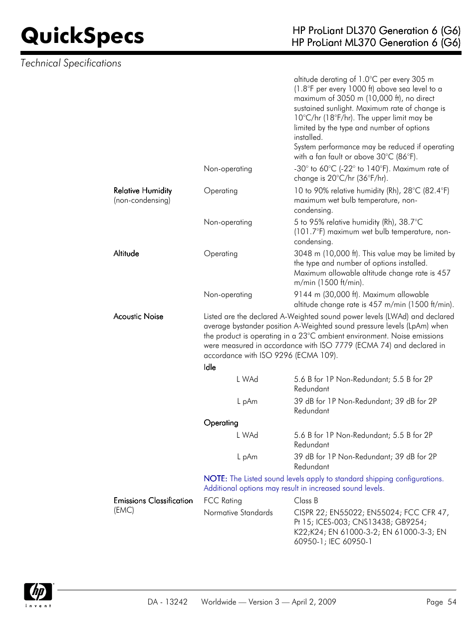 Quickspecs | HP ProLiant DL370 User Manual | Page 54 / 56