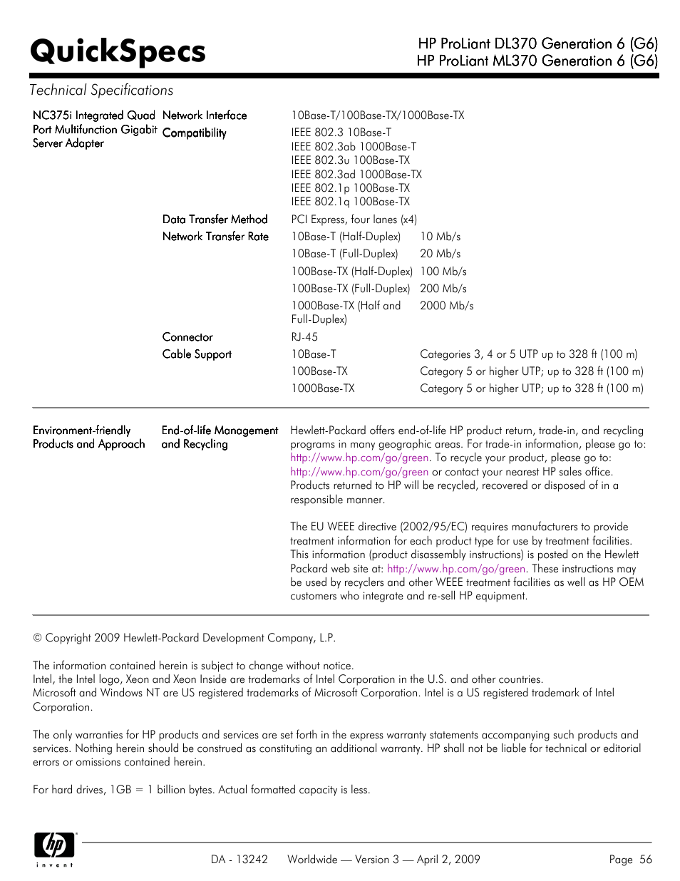 Quickspecs | HP ProLiant DL370 User Manual | Page 56 / 56