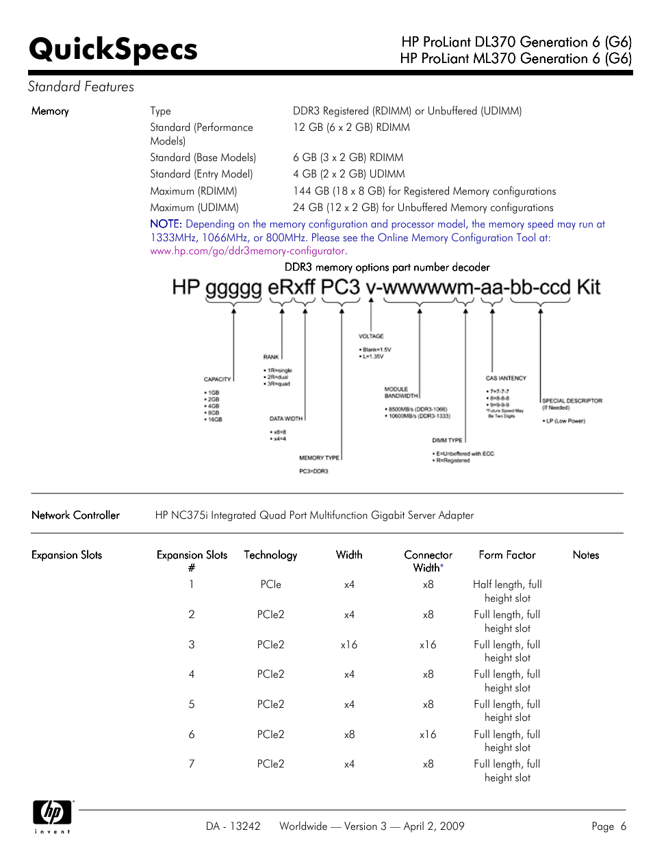 Quickspecs | HP ProLiant DL370 User Manual | Page 6 / 56