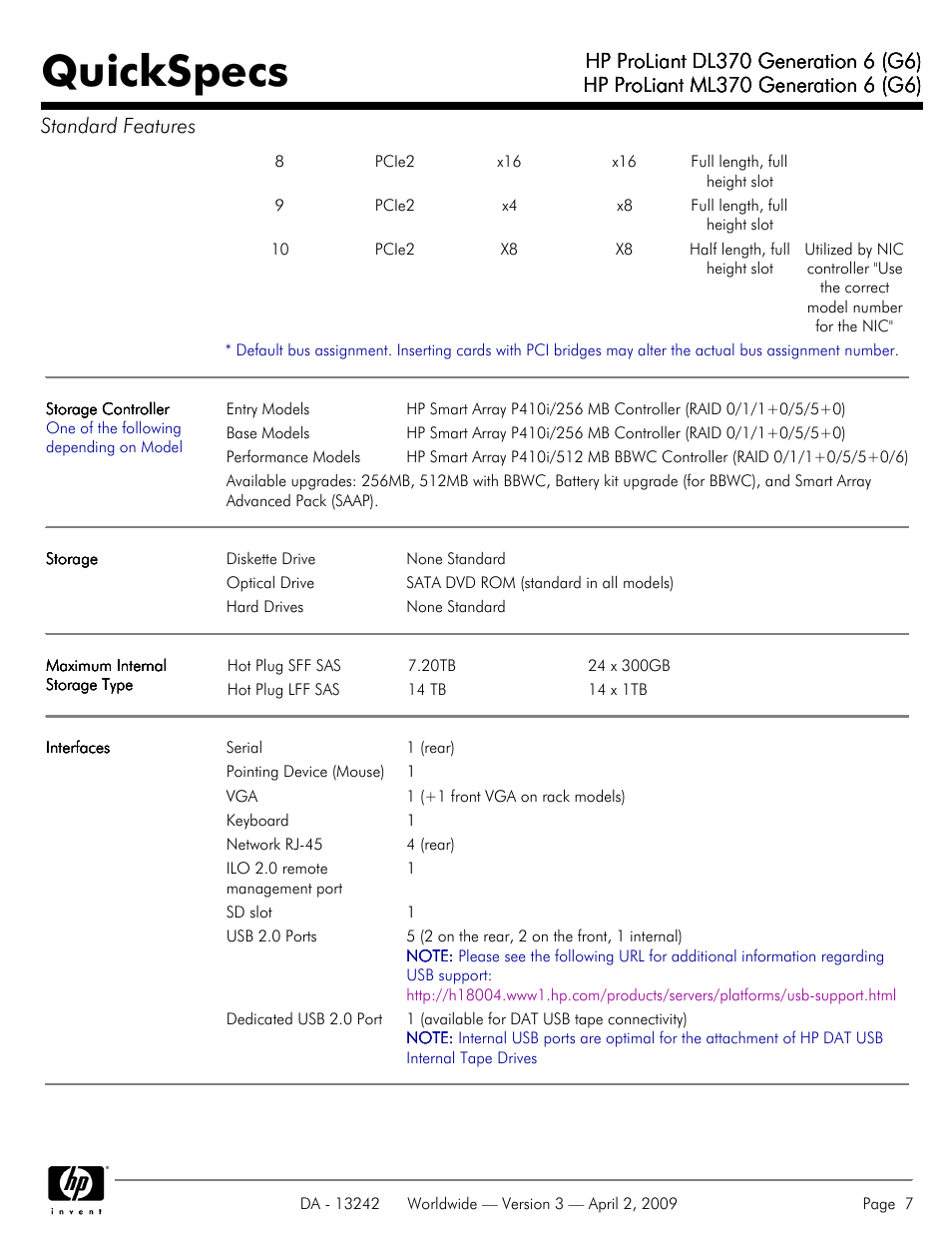 Quickspecs | HP ProLiant DL370 User Manual | Page 7 / 56