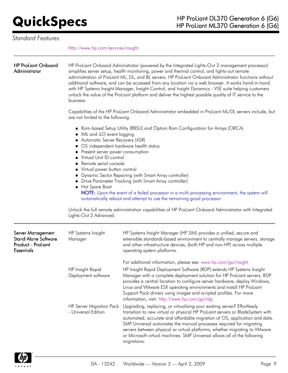 Quickspecs | HP ProLiant DL370 User Manual | Page 9 / 56
