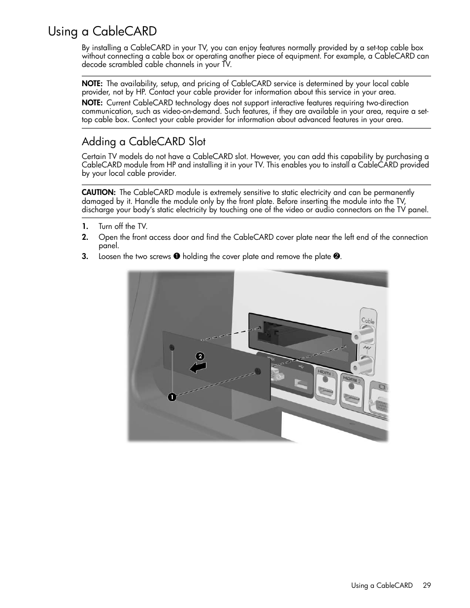 Using a cablecard, Adding a cablecard slot | HP md5020n User Manual | Page 29 / 80