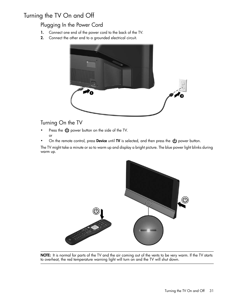 Turning the tv on and off, Plugging in the power cord, Turning on the tv | HP md5020n User Manual | Page 31 / 80