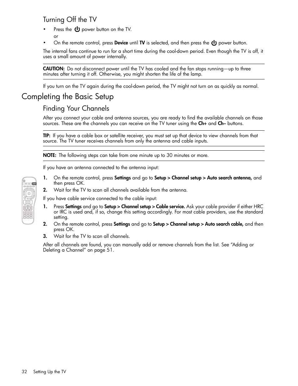 Turning off the tv, Completing the basic setup, Finding your channels | HP md5020n User Manual | Page 32 / 80