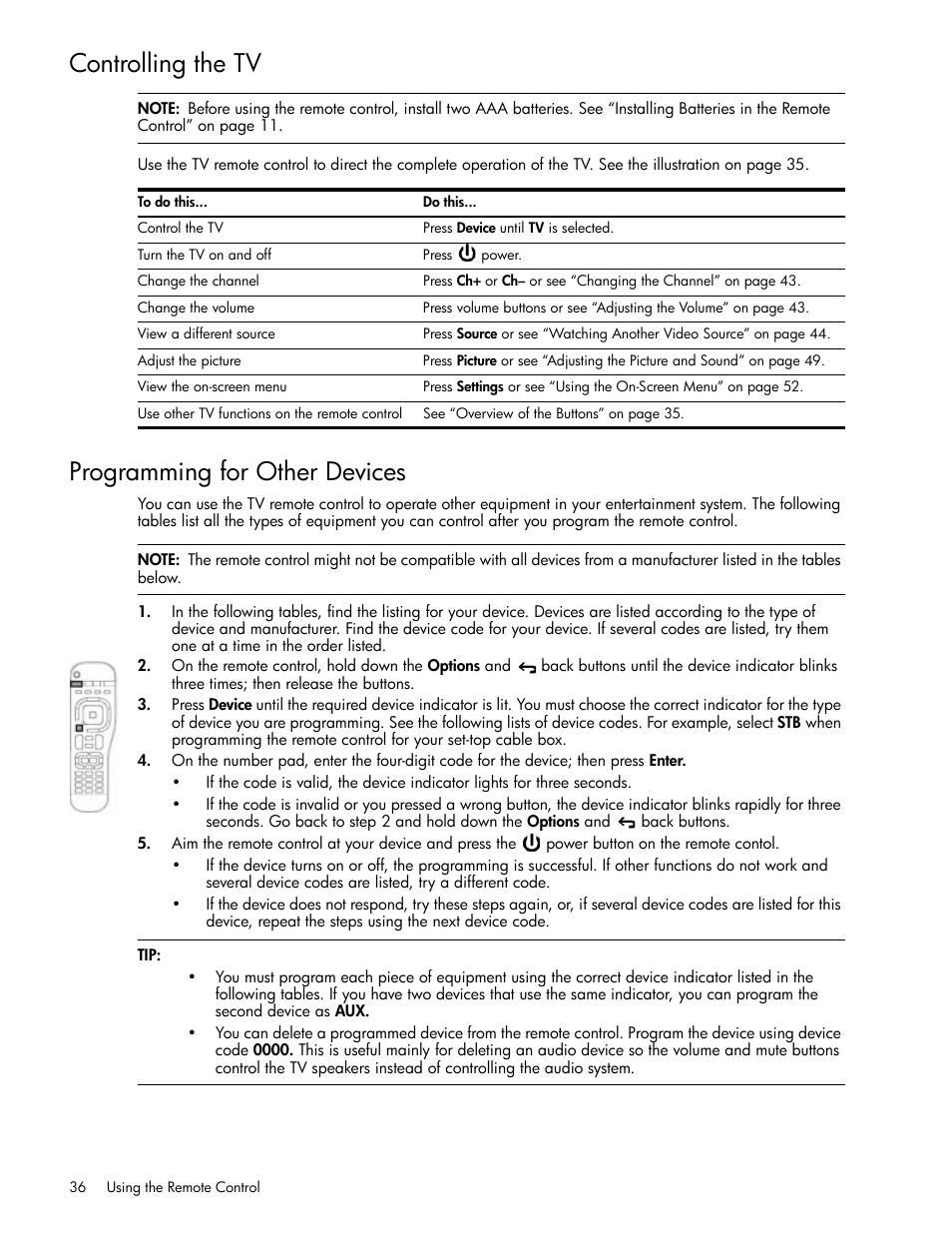 Controlling the tv, Programming for other devices | HP md5020n User Manual | Page 36 / 80