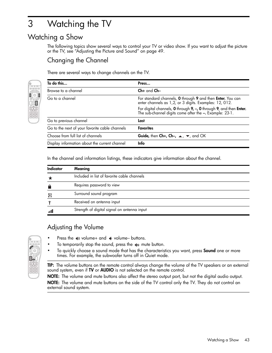 Watching the tv, Watching a show, Changing the channel | Adjusting the volume, 3 watching the tv, 3watching the tv | HP md5020n User Manual | Page 43 / 80
