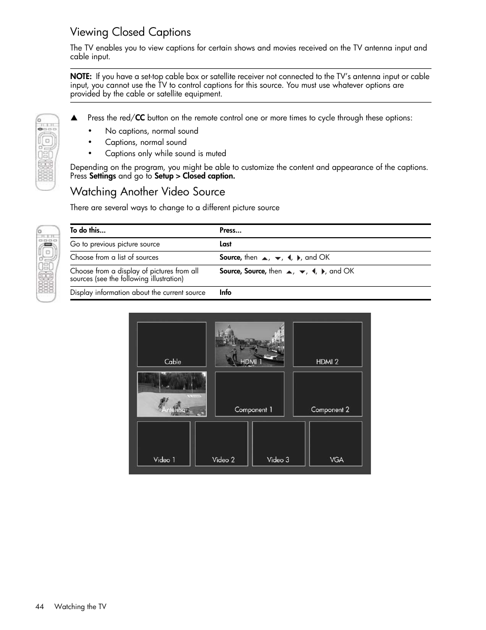 Viewing closed captions, Watching another video source | HP md5020n User Manual | Page 44 / 80