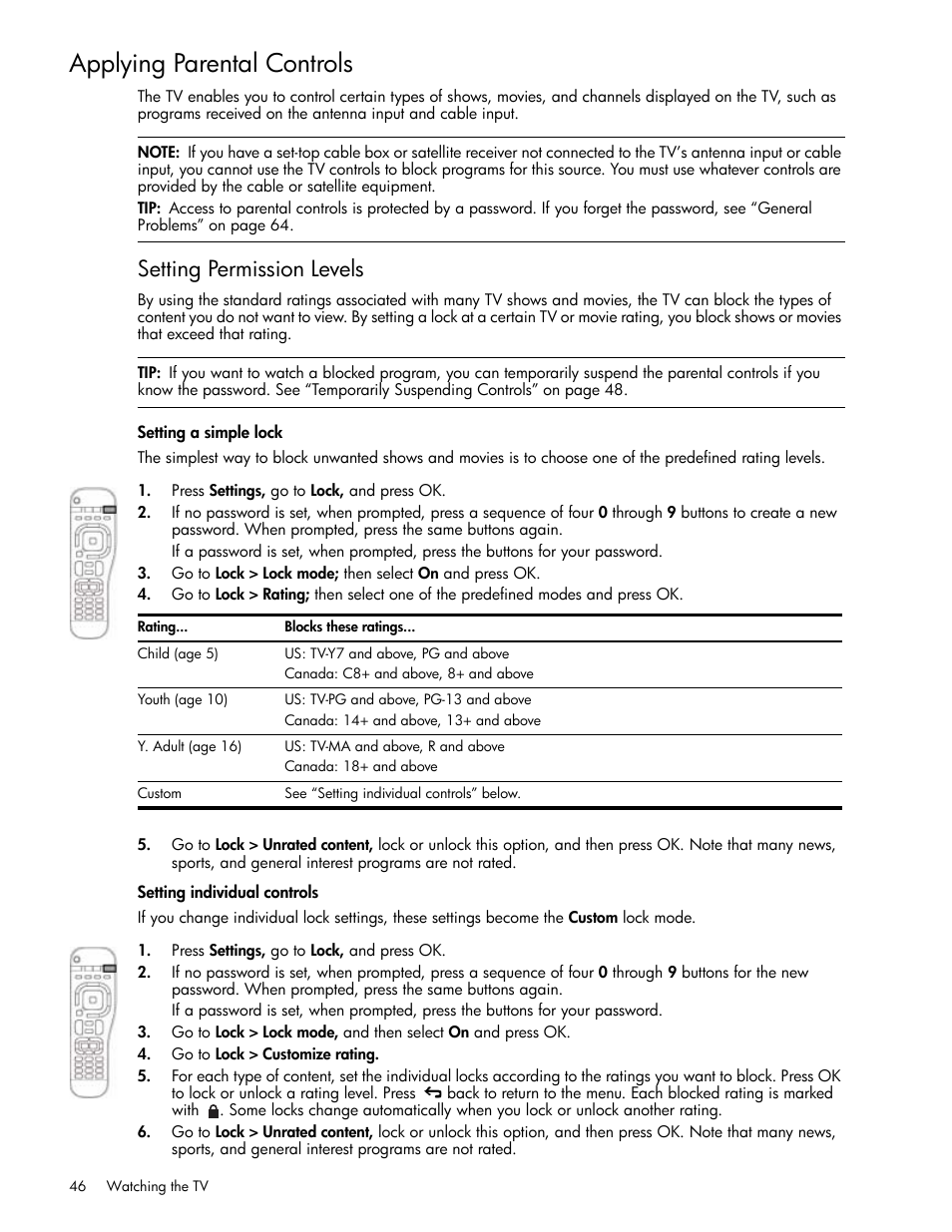 Applying parental controls, Setting permission levels, Setting a simple lock | Setting individual controls | HP md5020n User Manual | Page 46 / 80