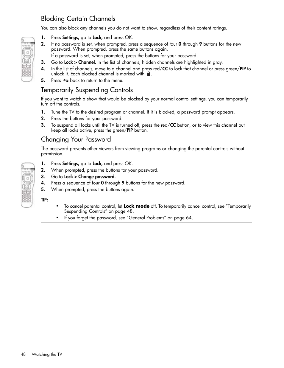 Blocking certain channels, Temporarily suspending controls, Changing your password | HP md5020n User Manual | Page 48 / 80