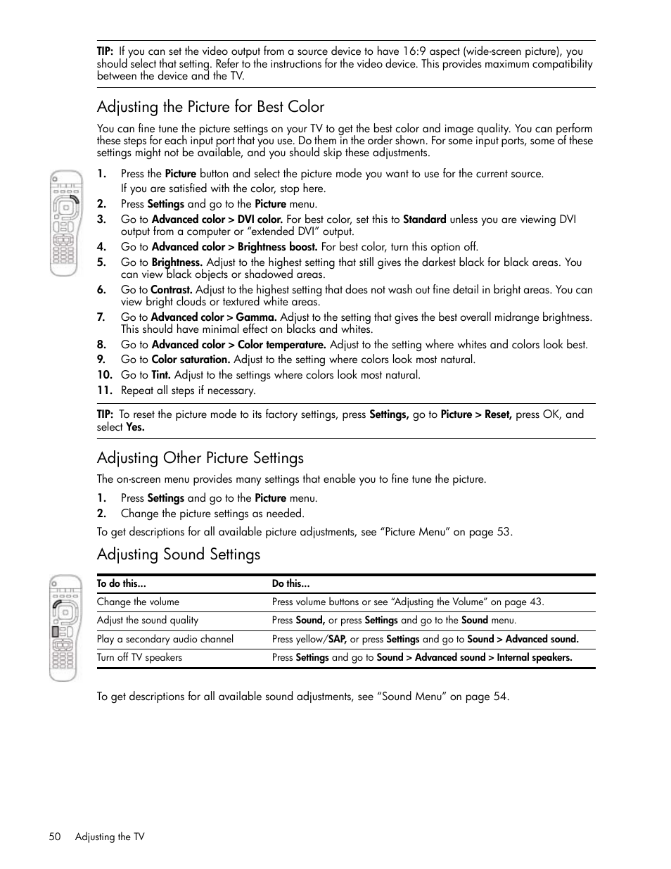 Adjusting the picture for best color, Adjusting other picture settings, Adjusting sound settings | HP md5020n User Manual | Page 50 / 80