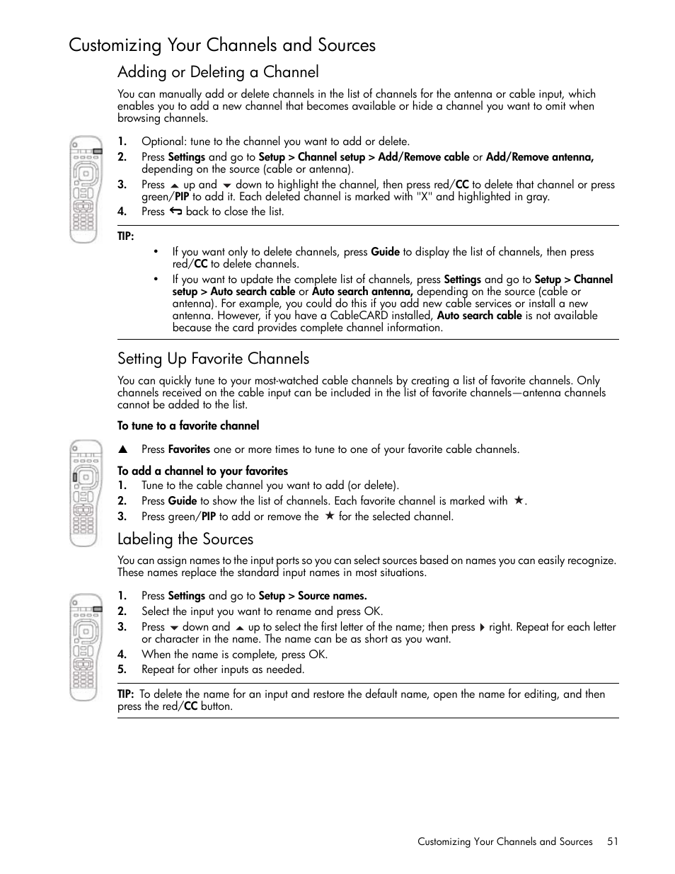 Customizing your channels and sources, Adding or deleting a channel, Setting up favorite channels | To tune to a favorite channel, To add a channel to your favorites, Labeling the sources | HP md5020n User Manual | Page 51 / 80