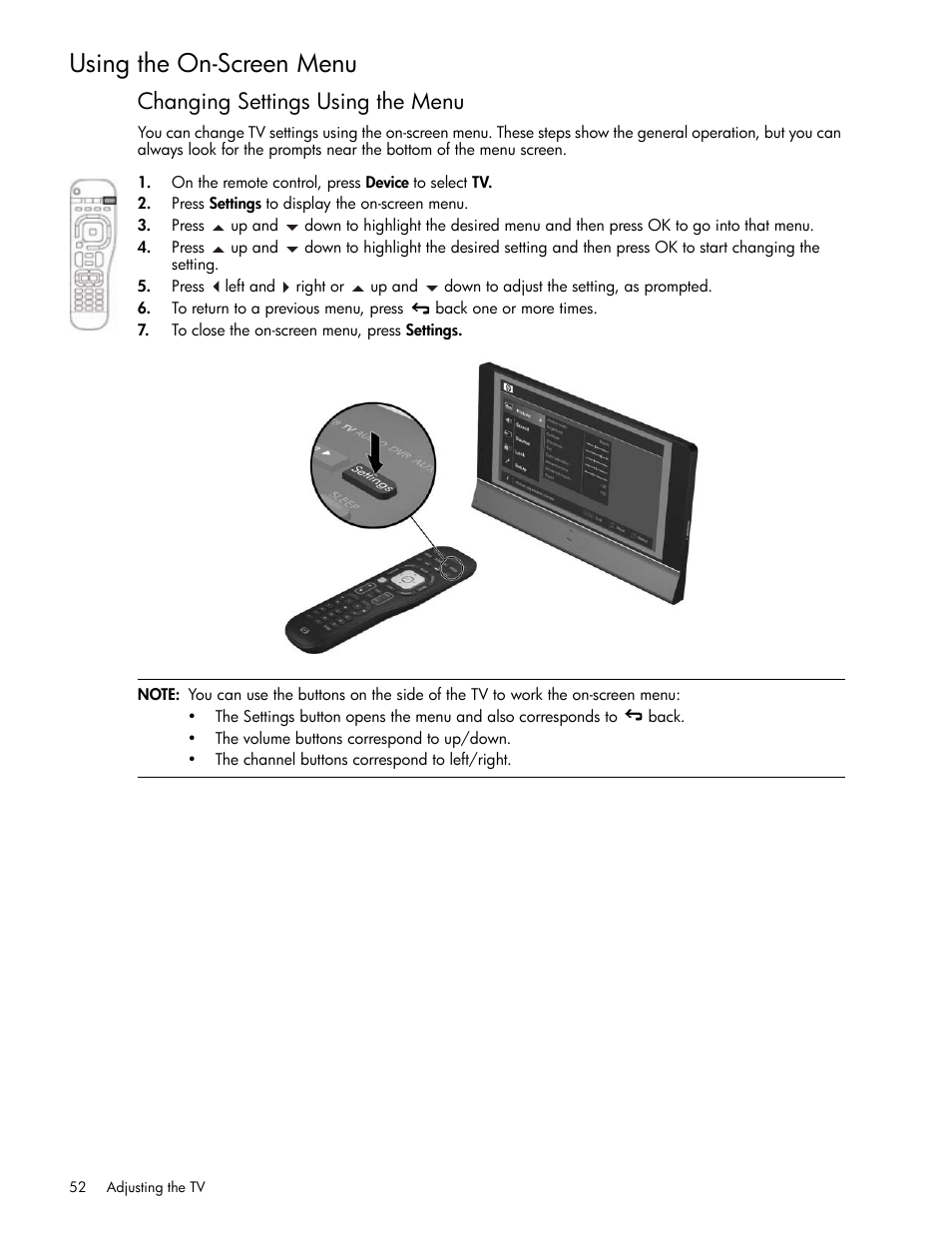 Using the on-screen menu, Changing settings using the menu | HP md5020n User Manual | Page 52 / 80